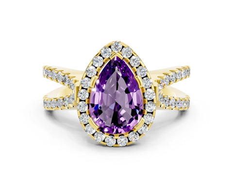 Yellow gold Pear Cut Amethyst Halo Ring with Split Shank Pavé Band and Prong Setting