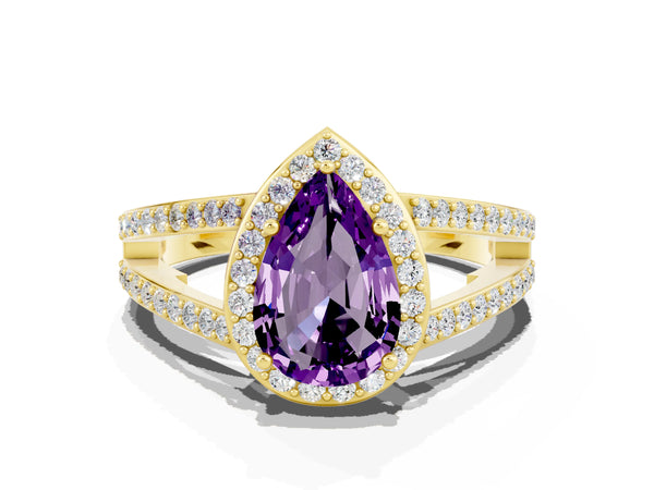 Yellow gold Pear Cut Amethyst Halo Ring with Split Shank U-Prong Band and Four-Prong Setting