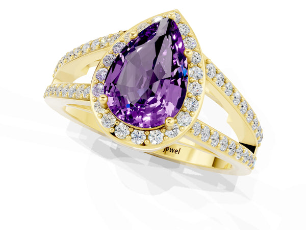 Yellow gold Pear Cut Amethyst Halo Ring with Split Shank U-Prong Band and Four-Prong Setting