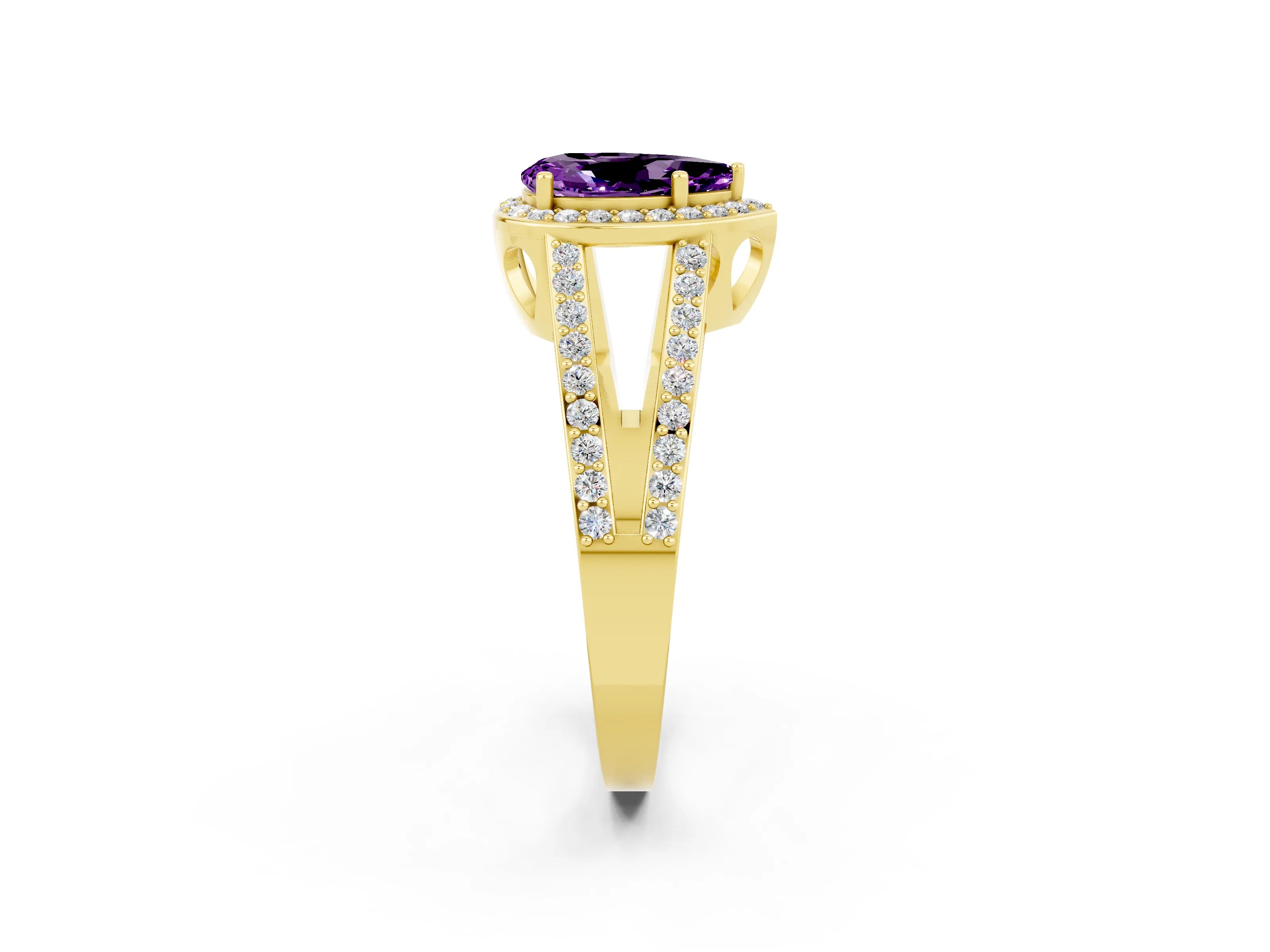 Yellow gold Pear Cut Amethyst Halo Ring with Split Shank U-Prong Band and Four-Prong Setting_2