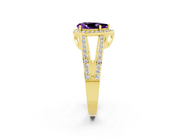 Yellow gold Pear Cut Amethyst Halo Ring with Split Shank U-Prong Band and Four-Prong Setting