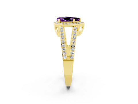 Yellow gold Pear Cut Amethyst Halo Ring with Split Shank U-Prong Band and Four-Prong Setting_2
