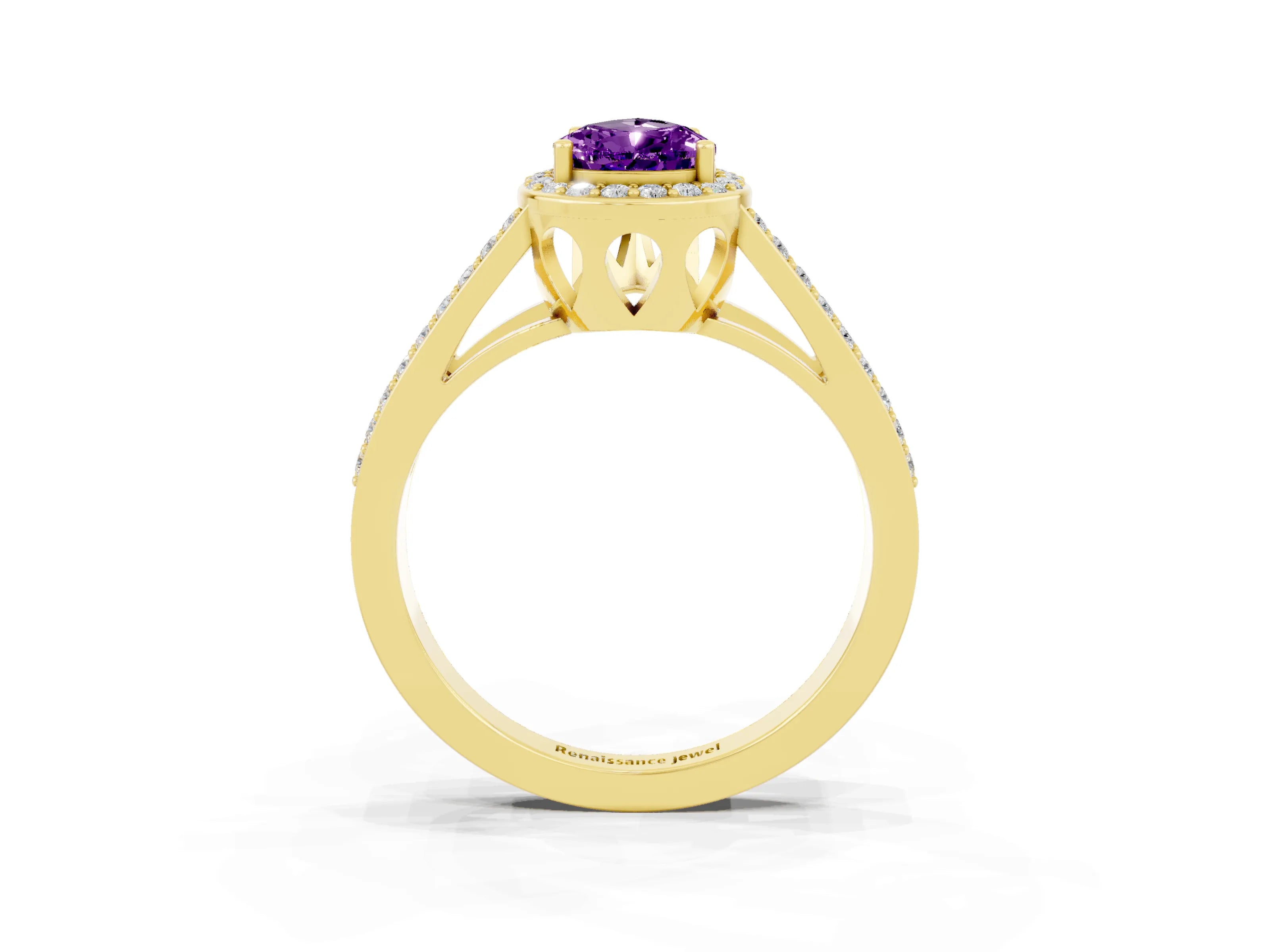 Yellow gold Pear Cut Amethyst Halo Ring with Split Shank U-Prong Band and Four-Prong Setting_3