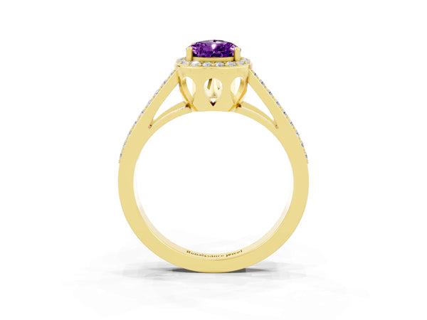 Yellow gold Pear Cut Amethyst Halo Ring with Split Shank U-Prong Band and Four-Prong Setting