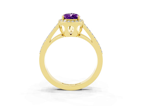 Yellow gold Pear Cut Amethyst Halo Ring with Split Shank U-Prong Band and Four-Prong Setting_3