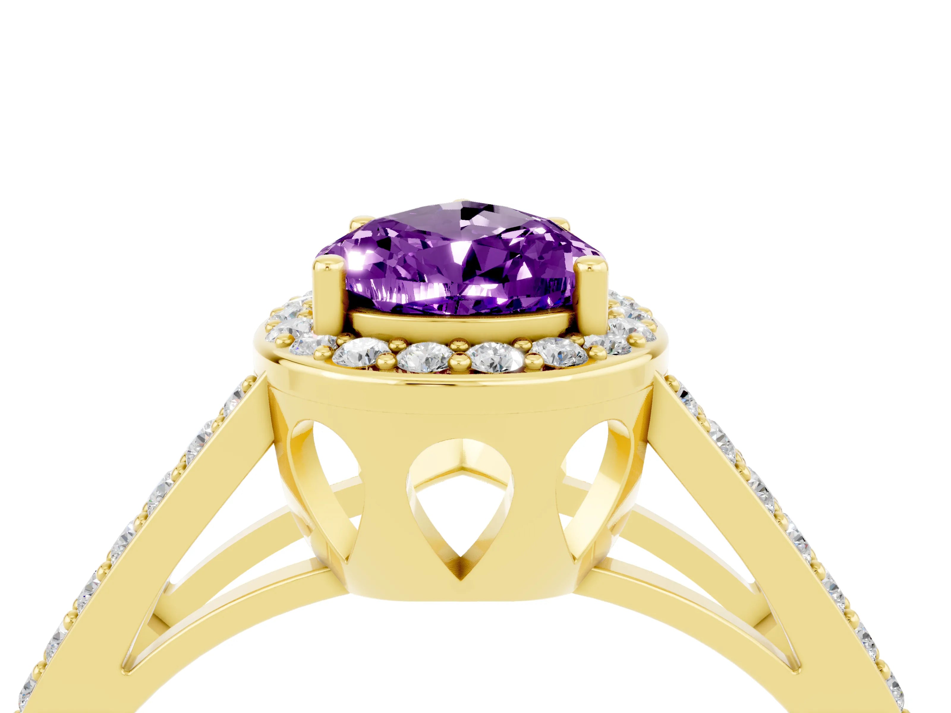 Yellow gold Pear Cut Amethyst Halo Ring with Split Shank U-Prong Band and Four-Prong Setting_4