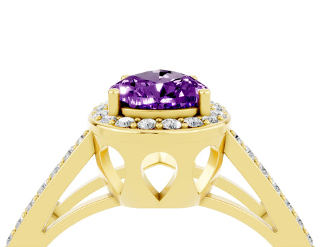 Yellow gold Pear Cut Amethyst Halo Ring with Split Shank U-Prong Band and Four-Prong Setting_4