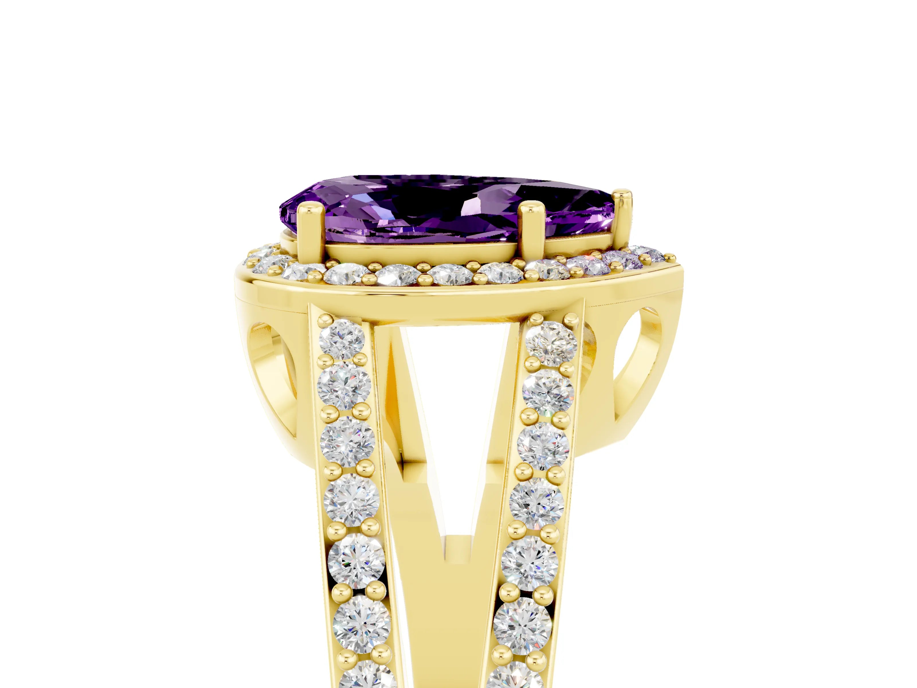 Yellow gold Pear Cut Amethyst Halo Ring with Split Shank U-Prong Band and Four-Prong Setting_5