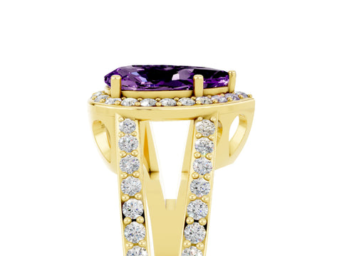 Yellow gold Pear Cut Amethyst Halo Ring with Split Shank U-Prong Band and Four-Prong Setting_5