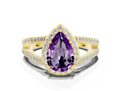 Yellow gold Pear Cut Amethyst Halo Ring with Split Shank U-Prong Band and Four-Prong Setting