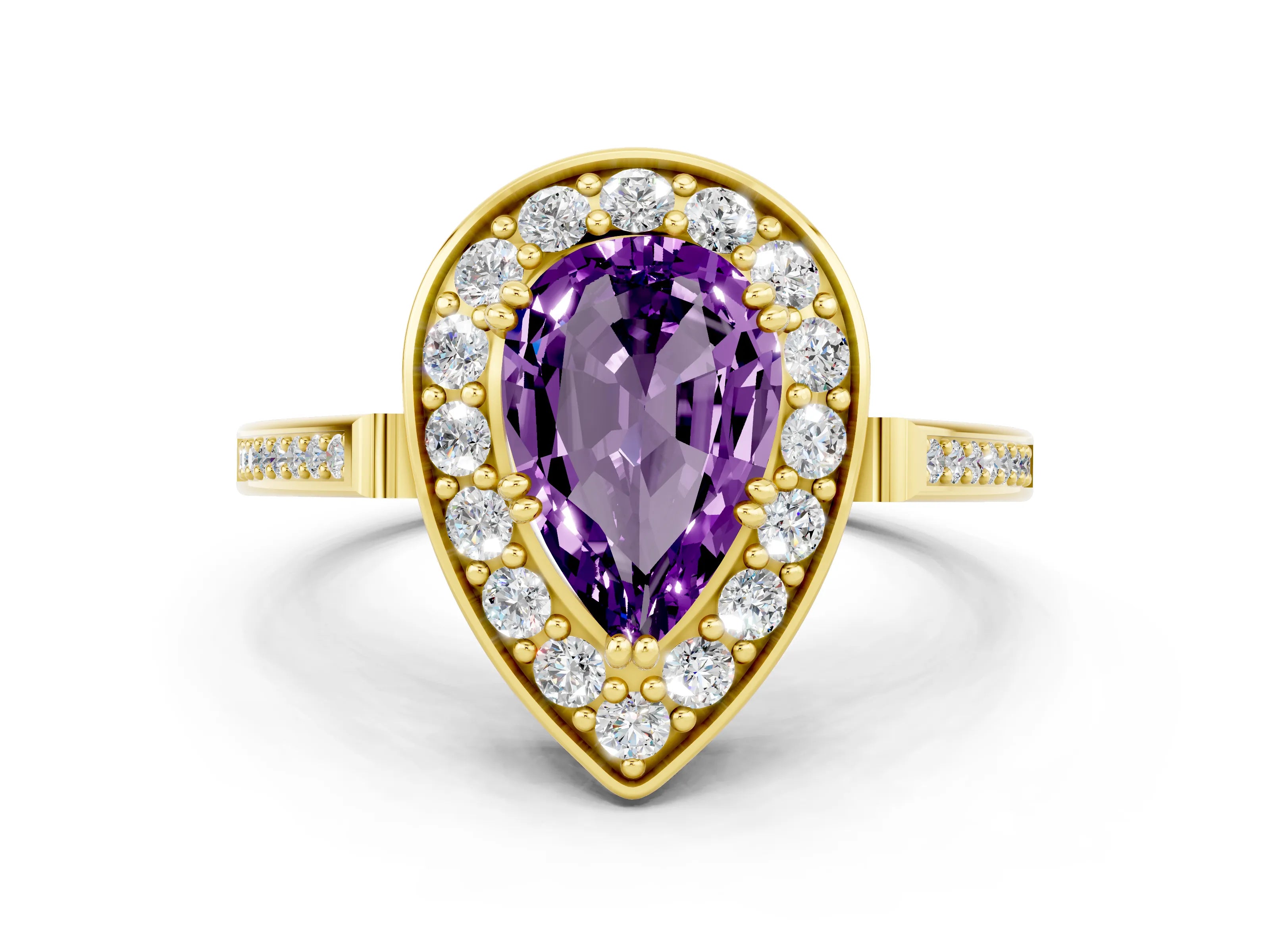 Yellow gold Pear Cut Amethyst Halo Ring with Split Shank and Four-Prong Setting