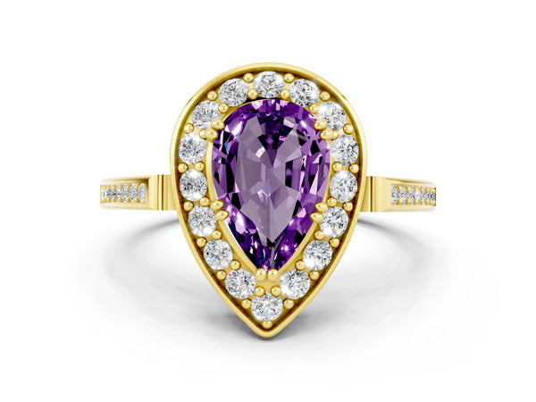 Yellow gold Pear Cut Amethyst Halo Ring with Split Shank and Four-Prong Setting
