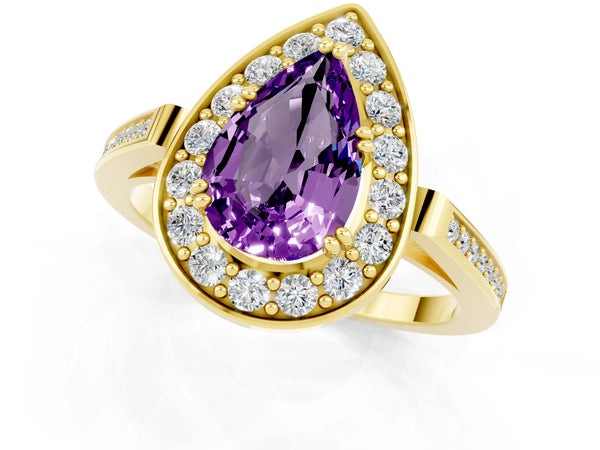 Yellow gold Pear Cut Amethyst Halo Ring with Split Shank and Four-Prong Setting