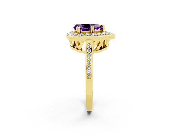 Yellow gold Pear Cut Amethyst Halo Ring with Split Shank and Four-Prong Setting
