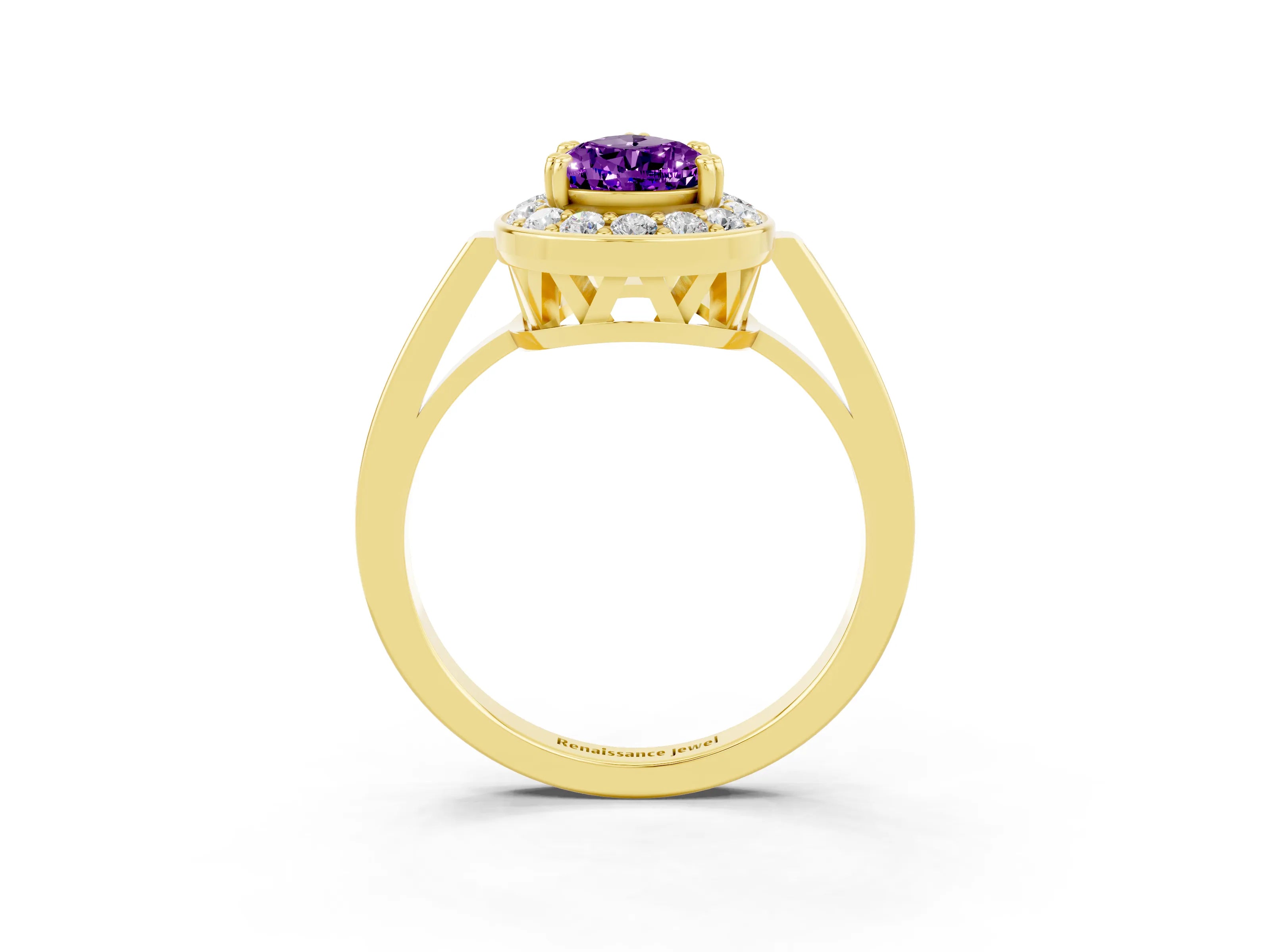 Yellow gold Pear Cut Amethyst Halo Ring with Split Shank and Four-Prong Setting_3
