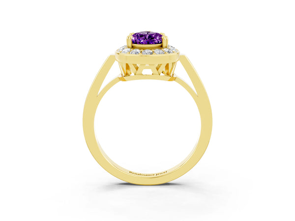Yellow gold Pear Cut Amethyst Halo Ring with Split Shank and Four-Prong Setting