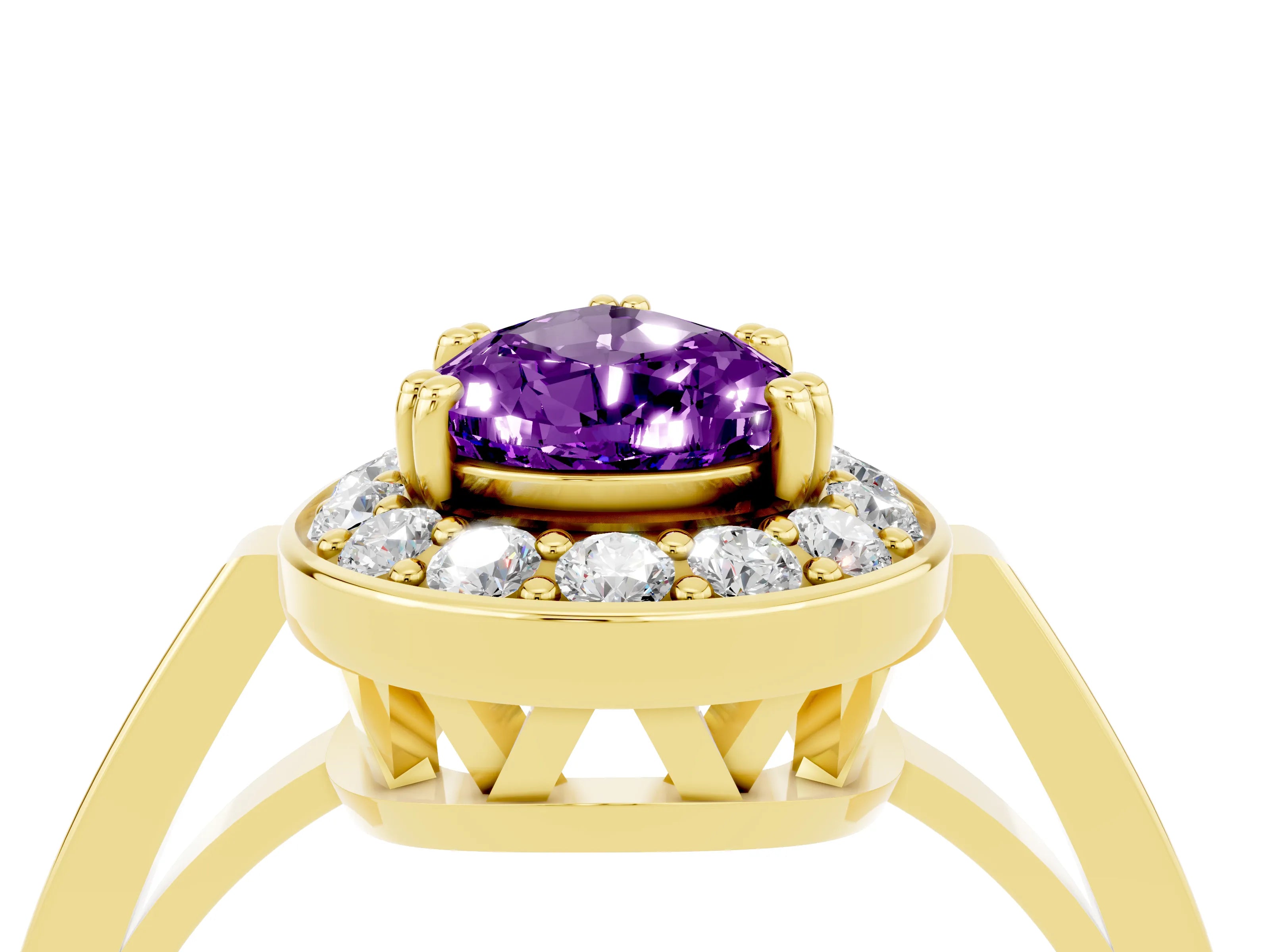 Yellow gold Pear Cut Amethyst Halo Ring with Split Shank and Four-Prong Setting_4