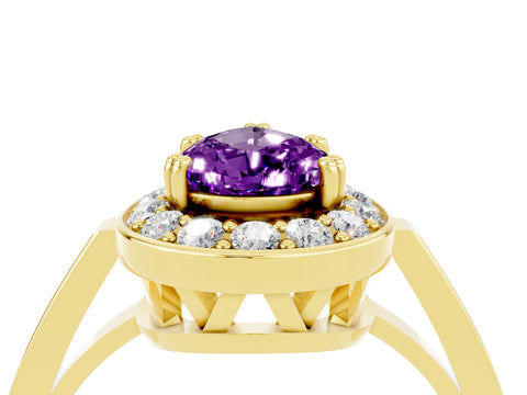 Yellow gold Pear Cut Amethyst Halo Ring with Split Shank and Four-Prong Setting_4