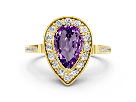 Yellow gold Pear Cut Amethyst Halo Ring with Split Shank and Four-Prong Setting