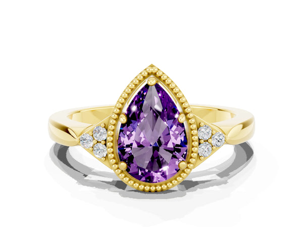 Yellow gold Pear Cut Amethyst Halo Ring with Tapered Band and Four-Prong Setting