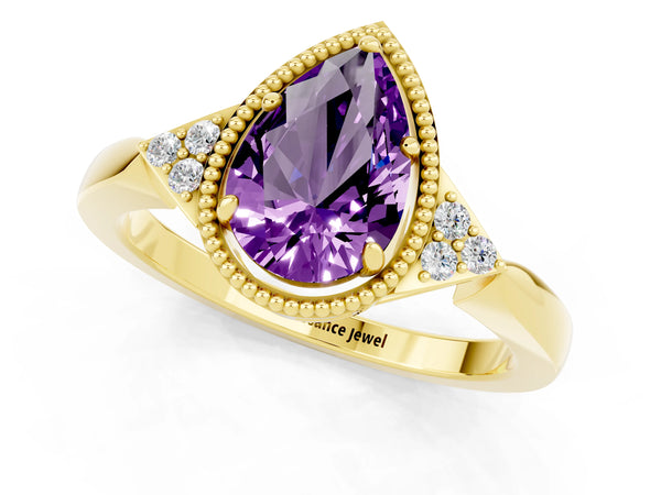 Yellow gold Pear Cut Amethyst Halo Ring with Tapered Band and Four-Prong Setting