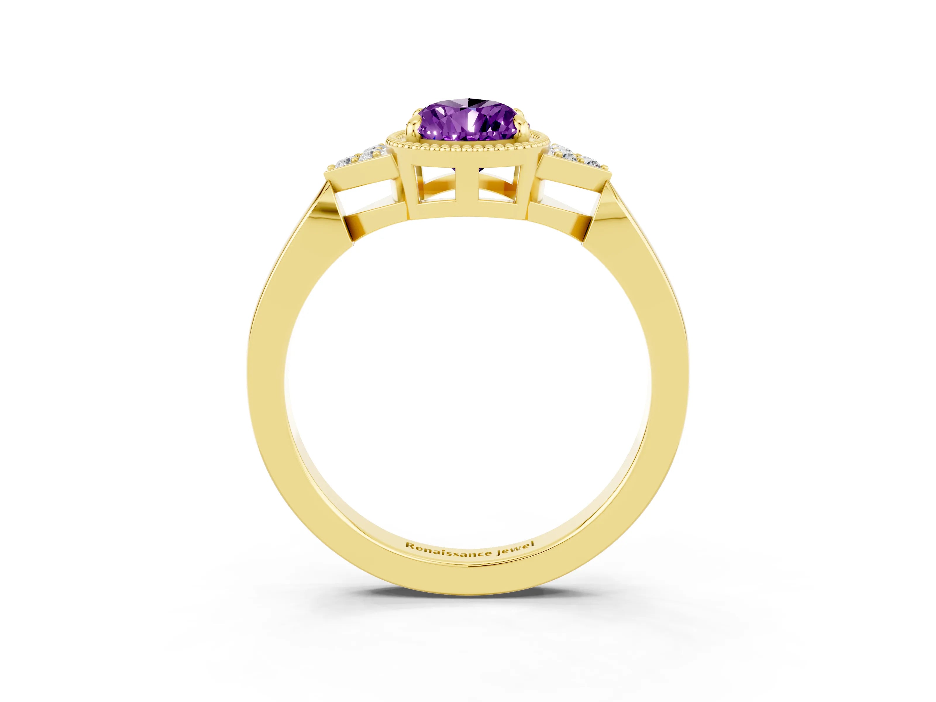 Yellow gold Pear Cut Amethyst Halo Ring with Tapered Band and Four-Prong Setting_3