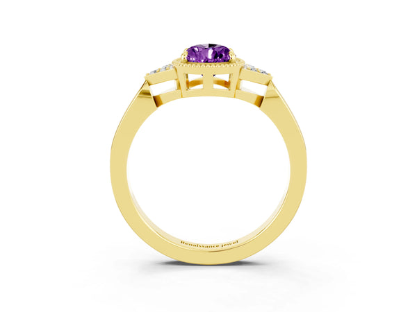 Yellow gold Pear Cut Amethyst Halo Ring with Tapered Band and Four-Prong Setting