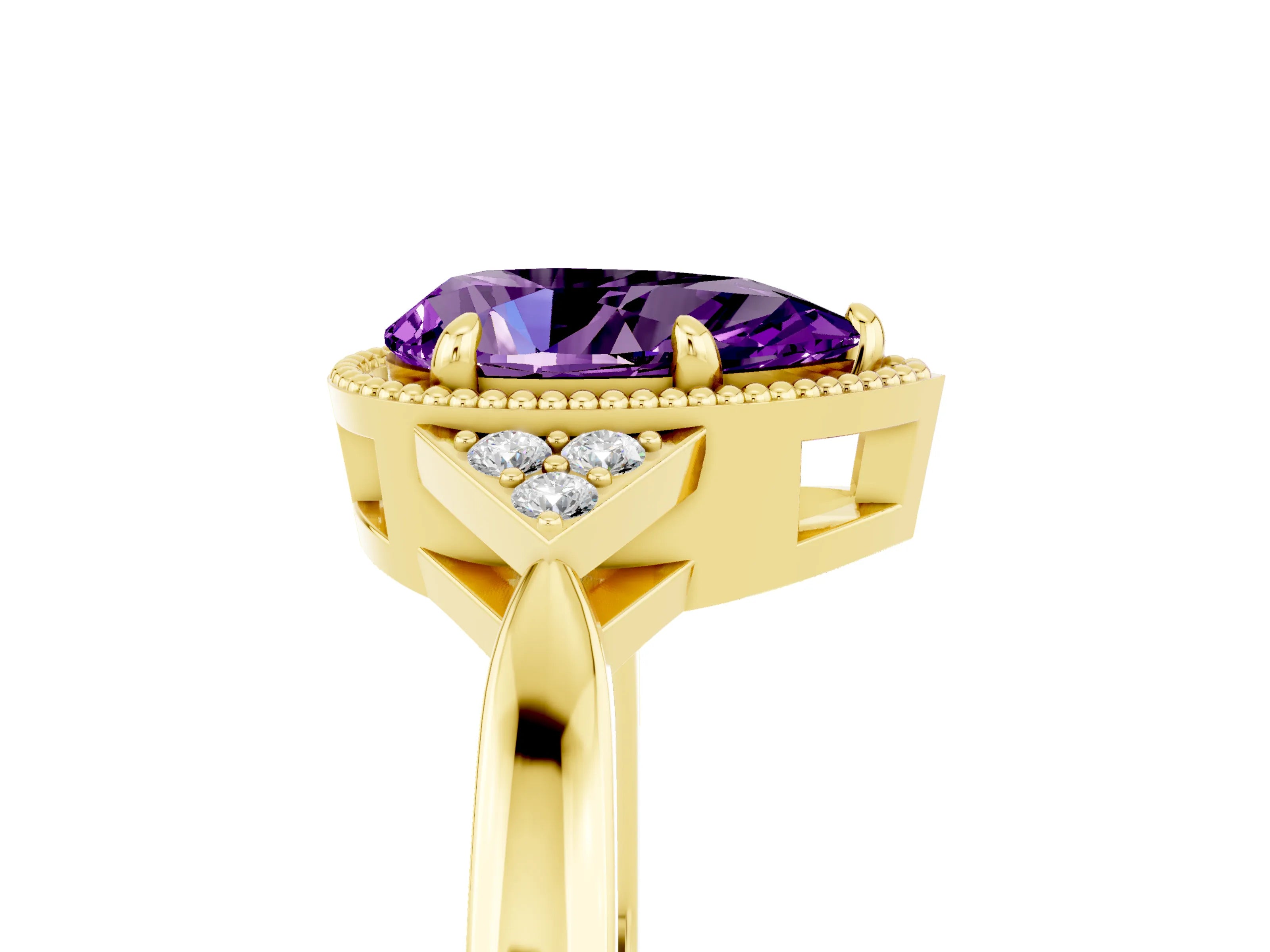 Yellow gold Pear Cut Amethyst Halo Ring with Tapered Band and Four-Prong Setting_5