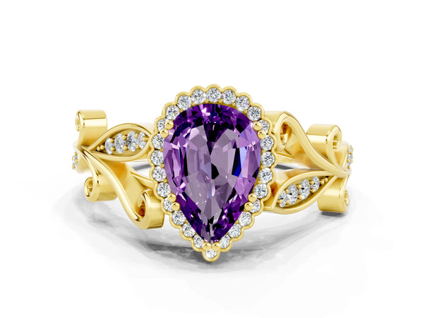 Yellow gold Pear Cut Amethyst Halo Ring with Vintage Split Shank and Four-Prong Setting