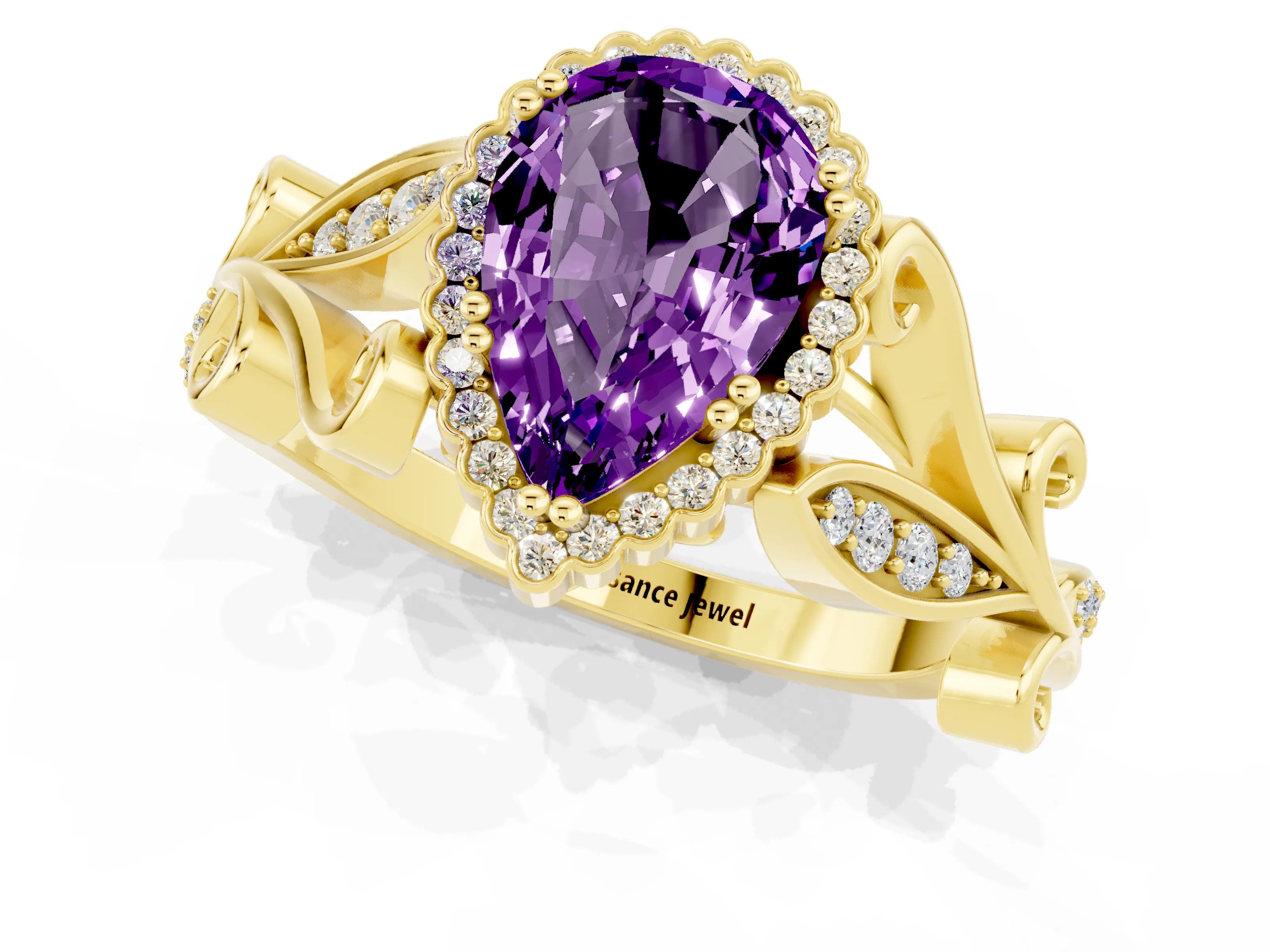 Yellow gold Pear Cut Amethyst Halo Ring with Vintage Split Shank and Four-Prong Setting_1