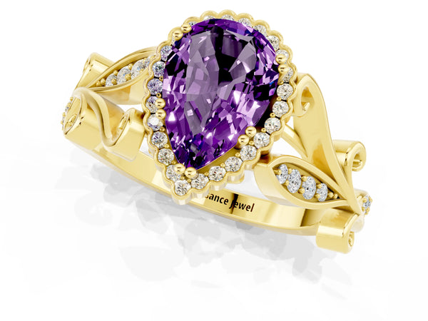 Yellow gold Pear Cut Amethyst Halo Ring with Vintage Split Shank and Four-Prong Setting