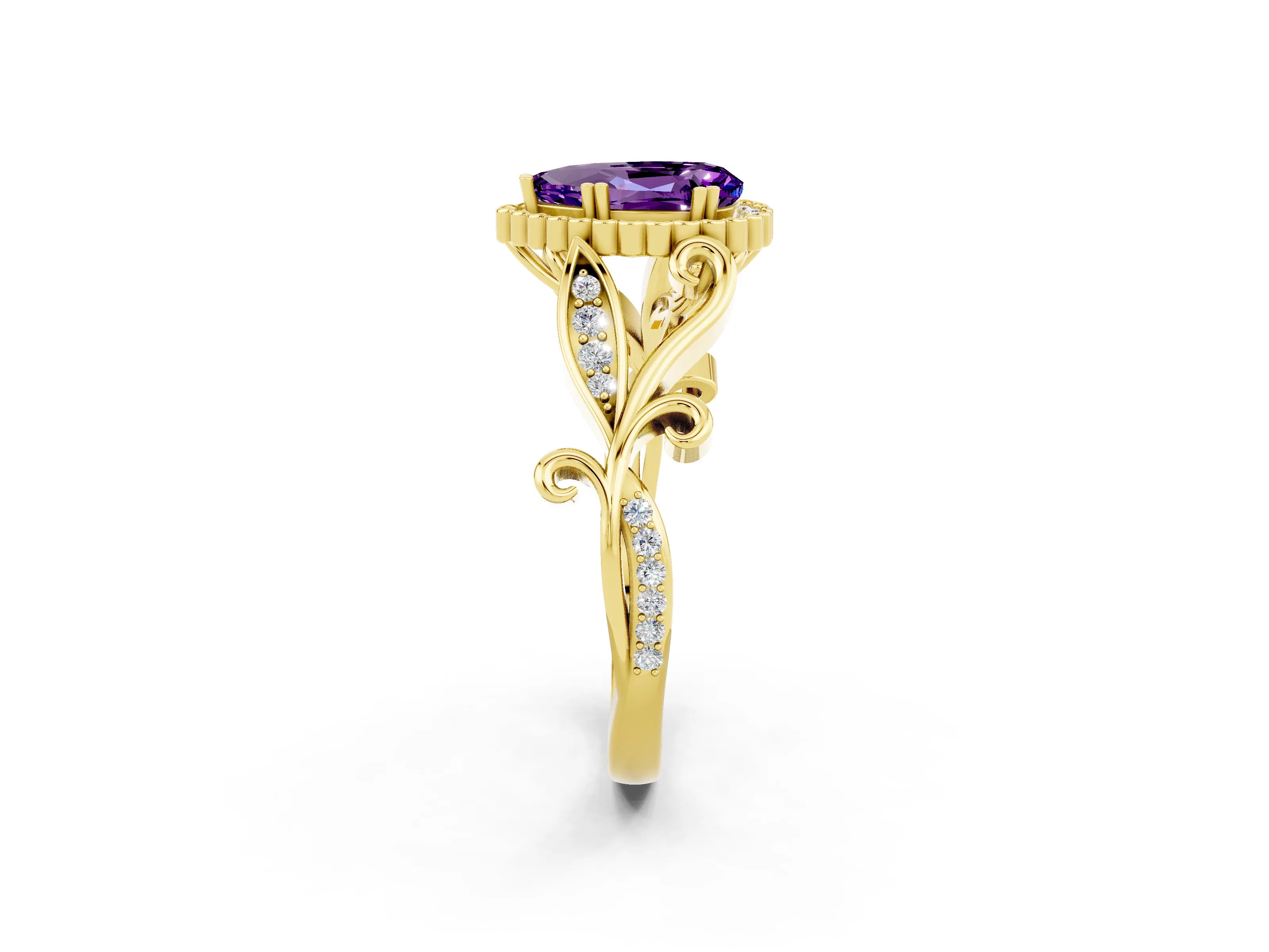 Yellow gold Pear Cut Amethyst Halo Ring with Vintage Split Shank and Four-Prong Setting_2