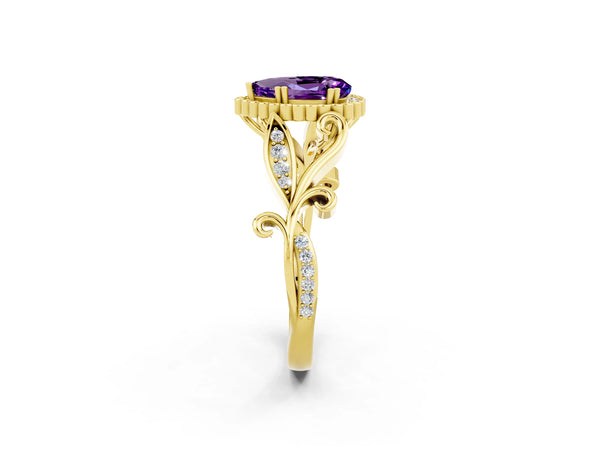 Yellow gold Pear Cut Amethyst Halo Ring with Vintage Split Shank and Four-Prong Setting