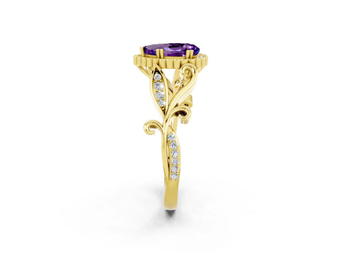 Yellow gold Pear Cut Amethyst Halo Ring with Vintage Split Shank and Four-Prong Setting_2