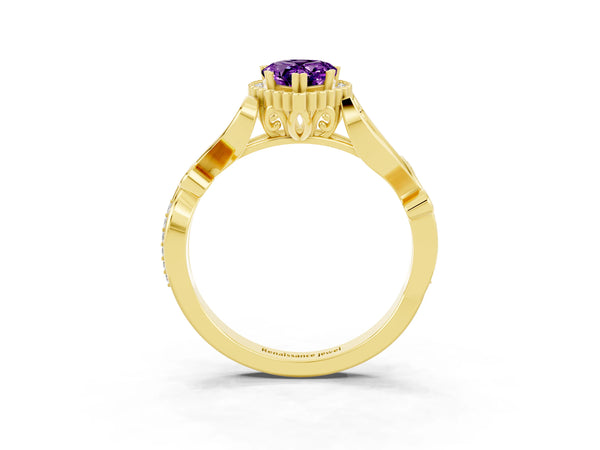 Yellow gold Pear Cut Amethyst Halo Ring with Vintage Split Shank and Four-Prong Setting