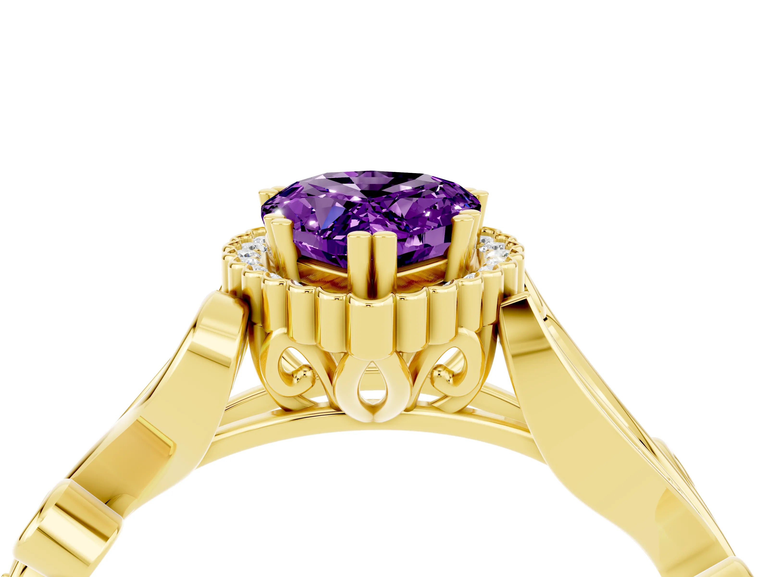 Yellow gold Pear Cut Amethyst Halo Ring with Vintage Split Shank and Four-Prong Setting_4