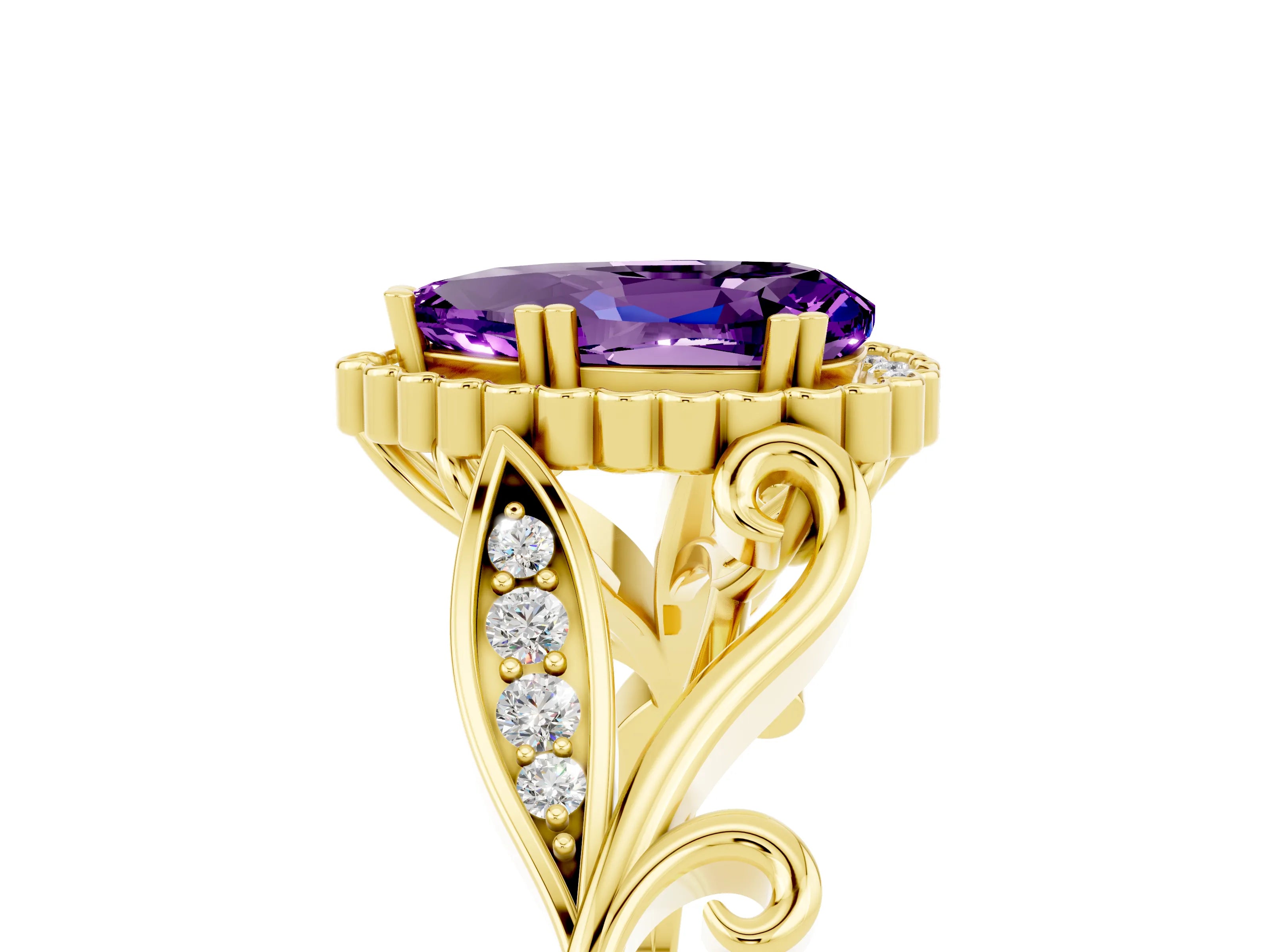 Yellow gold Pear Cut Amethyst Halo Ring with Vintage Split Shank and Four-Prong Setting_5