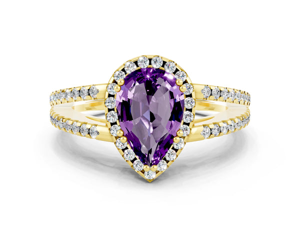 Yellow gold Pear Cut Amethyst Halo Split Shank Engagement Ring