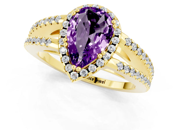 Yellow gold Pear Cut Amethyst Halo Split Shank Engagement Ring
