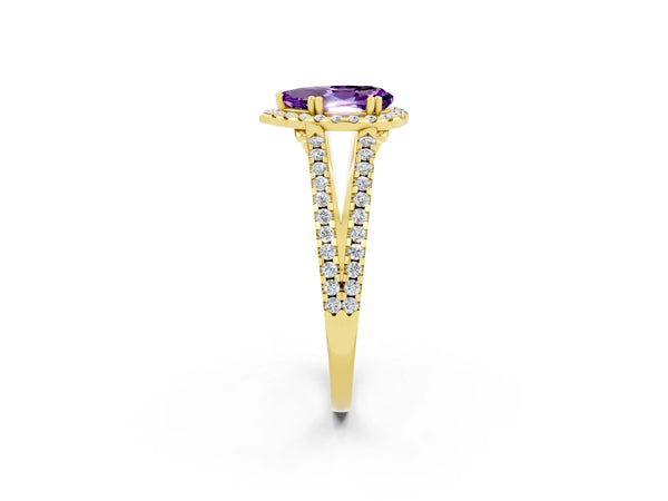 Yellow gold Pear Cut Amethyst Halo Split Shank Engagement Ring
