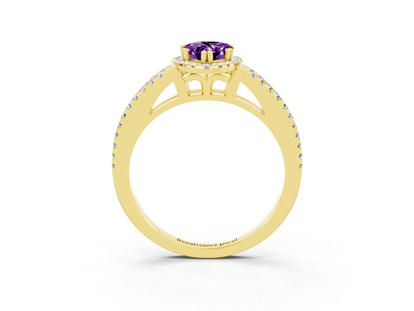 Yellow gold Pear Cut Amethyst Halo Split Shank Engagement Ring