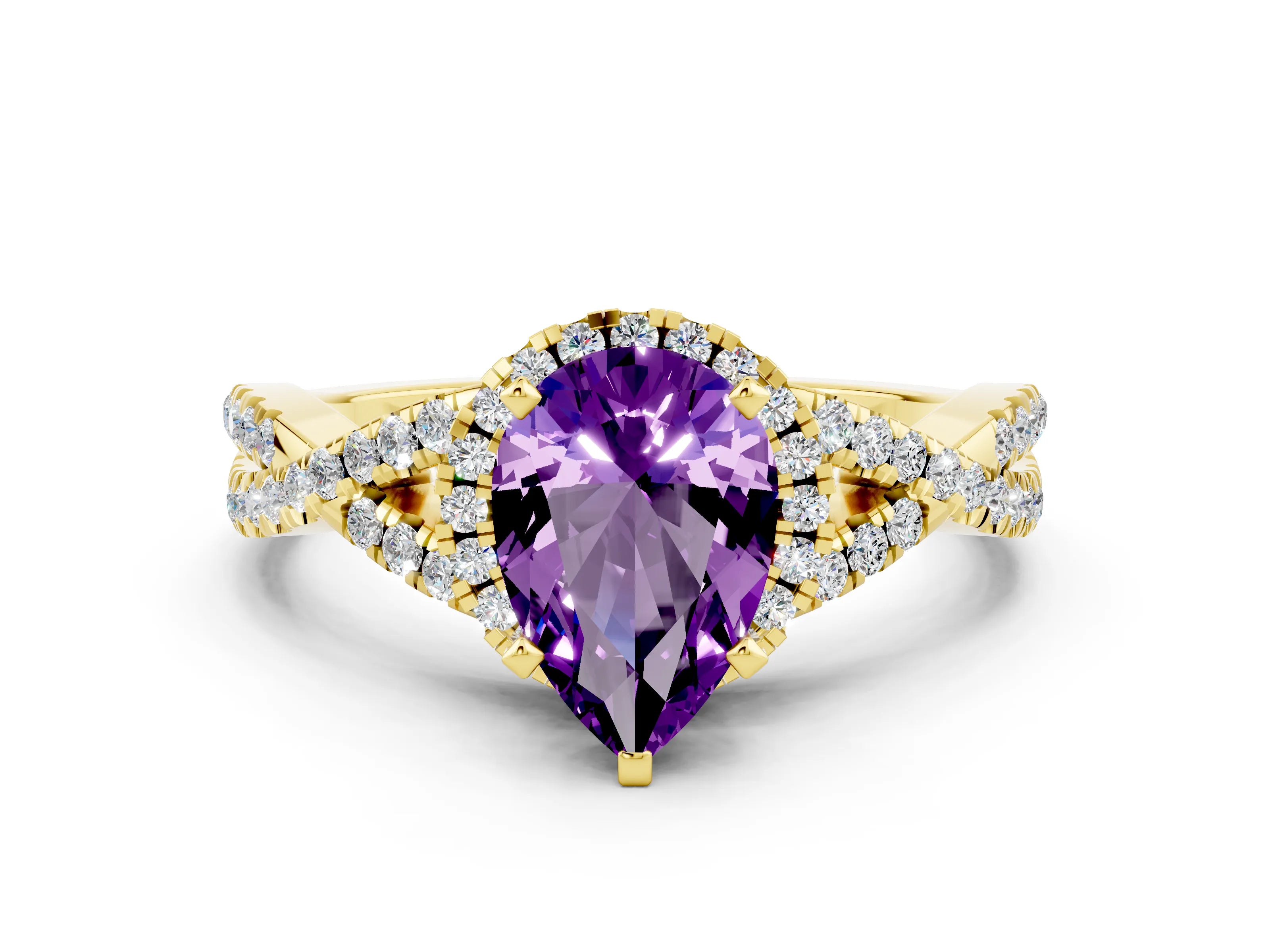 Yellow gold Pear Cut Amethyst Halo Twist Band Solitaire Prong Setting Ring