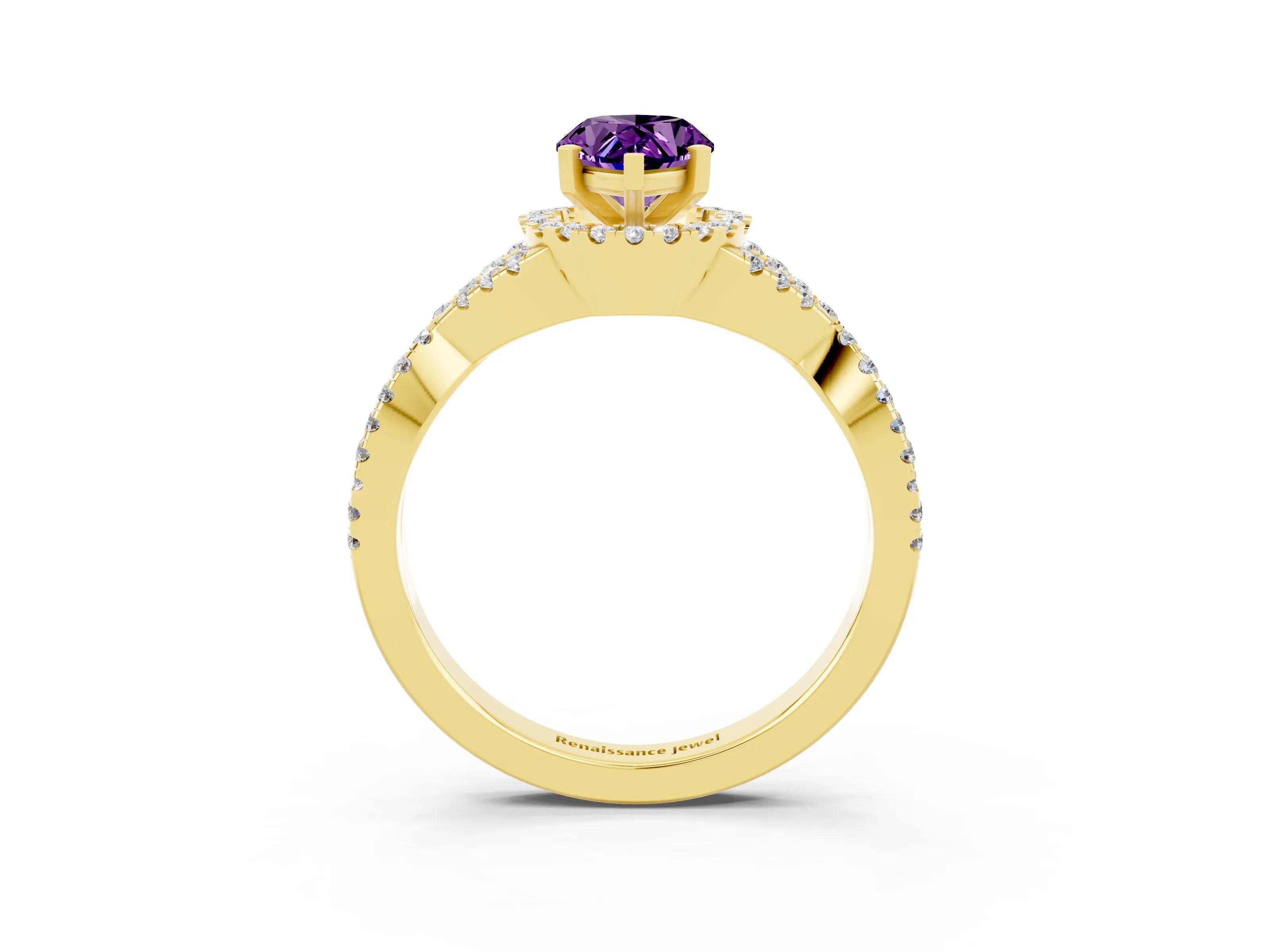Yellow gold Pear Cut Amethyst Halo Twist Band Solitaire Prong Setting Ring_3