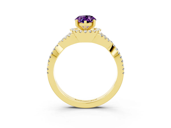 Yellow gold Pear Cut Amethyst  Halo Twist Band Solitaire Prong Setting Ring