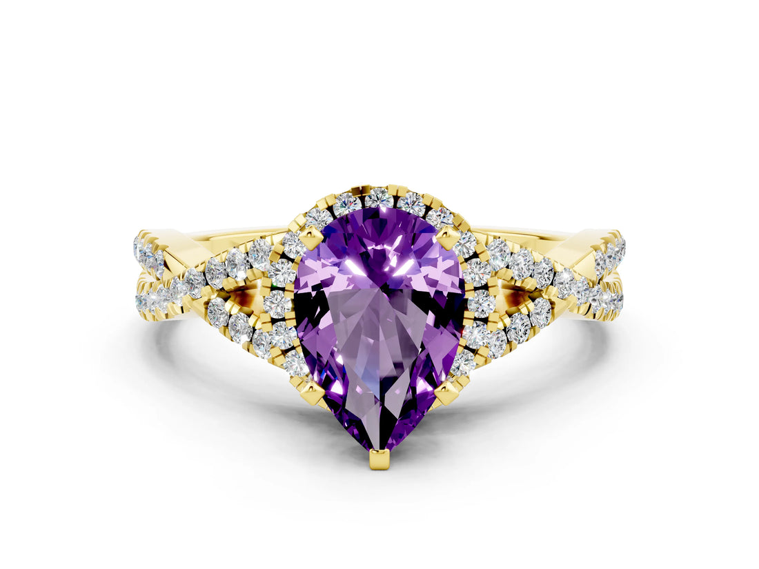 Yellow gold Pear Cut Amethyst  Halo Twist Band Solitaire Prong Setting Ring_36