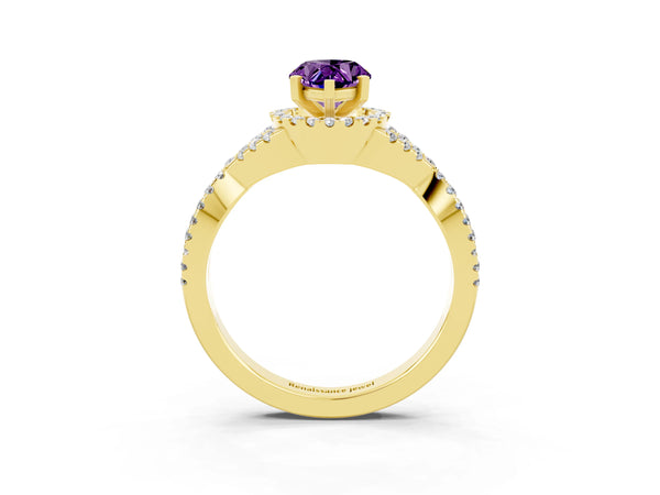 Yellow gold Pear Cut Amethyst  Halo Twist Band Solitaire Prong Setting Ring