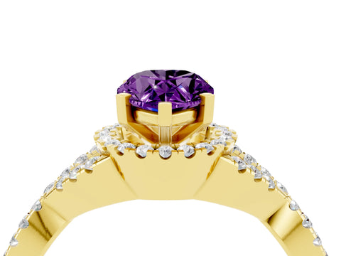 Yellow gold Pear Cut Amethyst Halo Twist Band Solitaire Prong Setting Ring_4