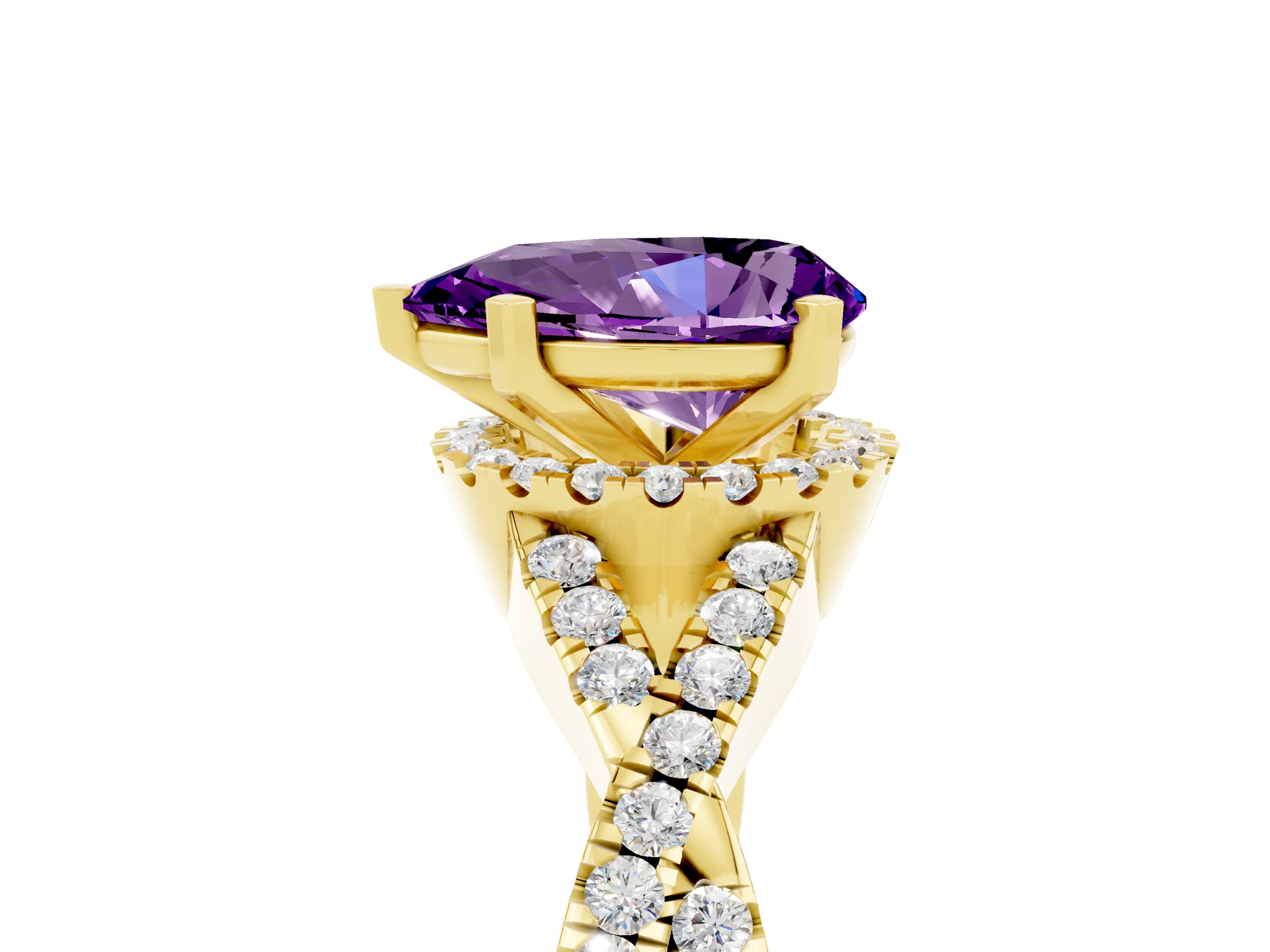 Yellow gold Pear Cut Amethyst Halo Twist Band Solitaire Prong Setting Ring_5