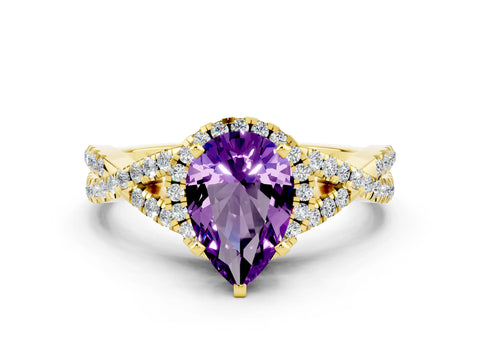 Yellow gold Pear Cut Amethyst Halo Twist Band Solitaire Prong Setting Ring