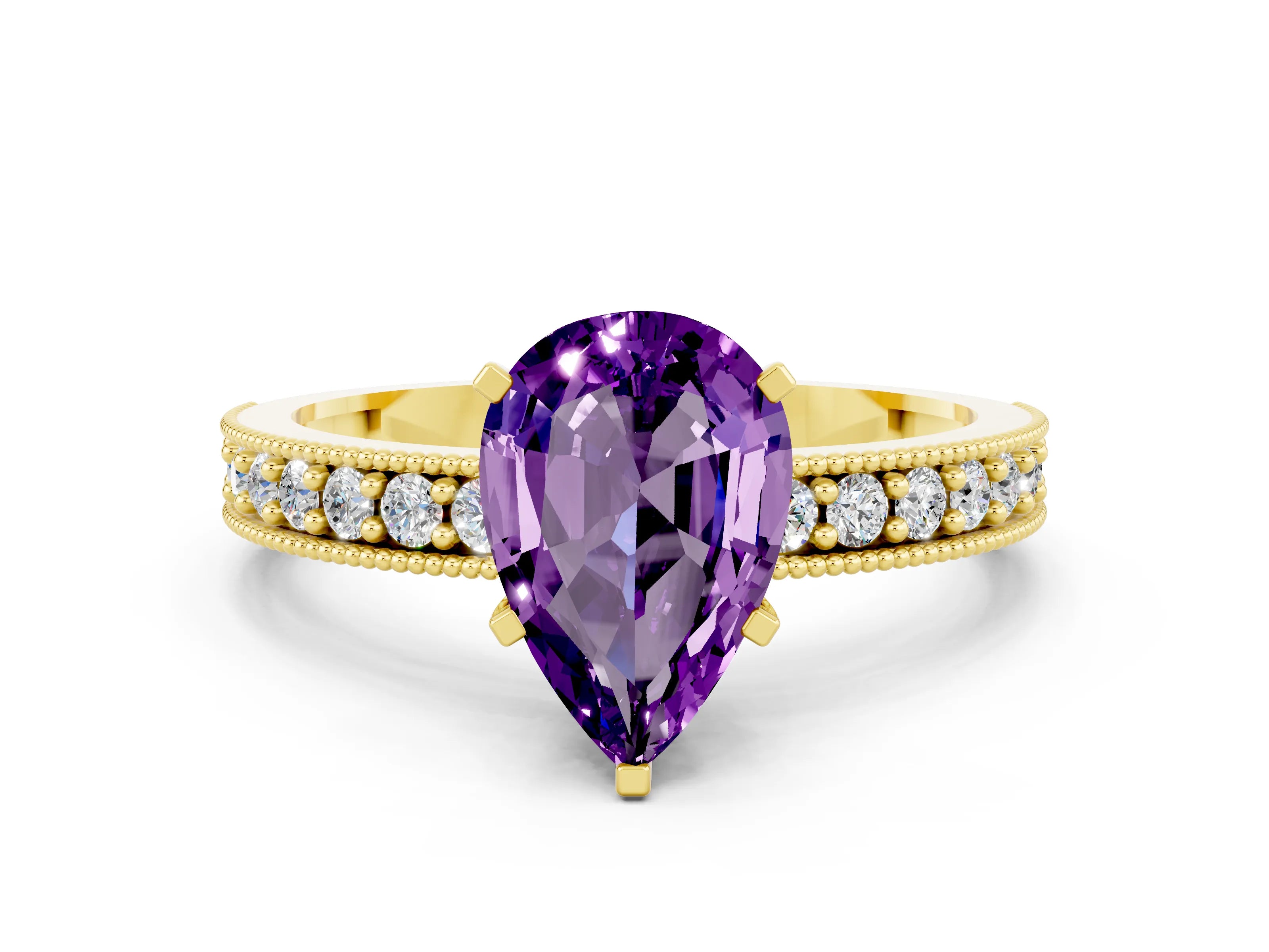 Yellow gold Pear Cut Amethyst Milgrain Pavé Engagement Ring with Four-Prong Setting